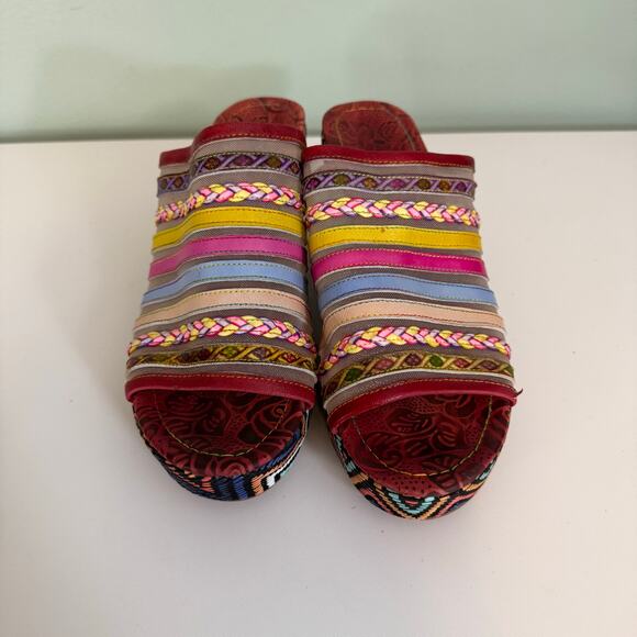 Mules Wedge Sandals 8 Colorful Mesh Leather Open Toe Slip On Retro Festival Boho - Picture 4 of 12